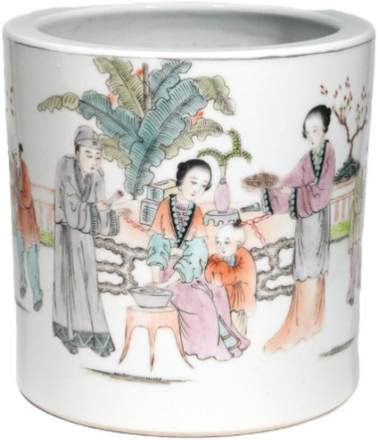 浅终彩文人雅仕人物图 诗文笔筒（馬慶雲款）