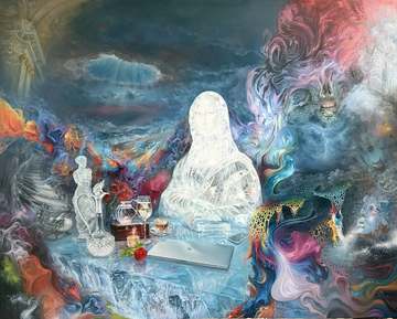 哈力木别克·库赛因 水晶女神的永幻境 这幅画所上部所表達的是东方和西方的历史下面是新时代科技艺术文化