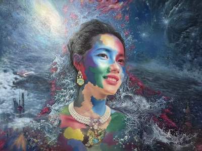 哈力木别克·库赛因 彩墨星河 这是一幅超写实与超现实融合的原创油画作品，以东方女性肖像为核心，构建了一个充满张力与诗